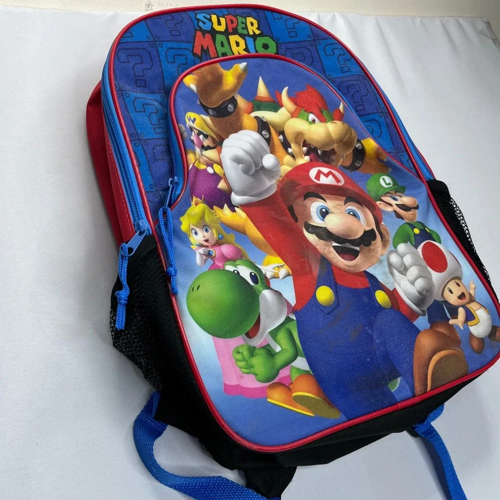 Nintendo Super Mario Backpack Kids Blue Red Polyester Graphic School Bag 16 inch